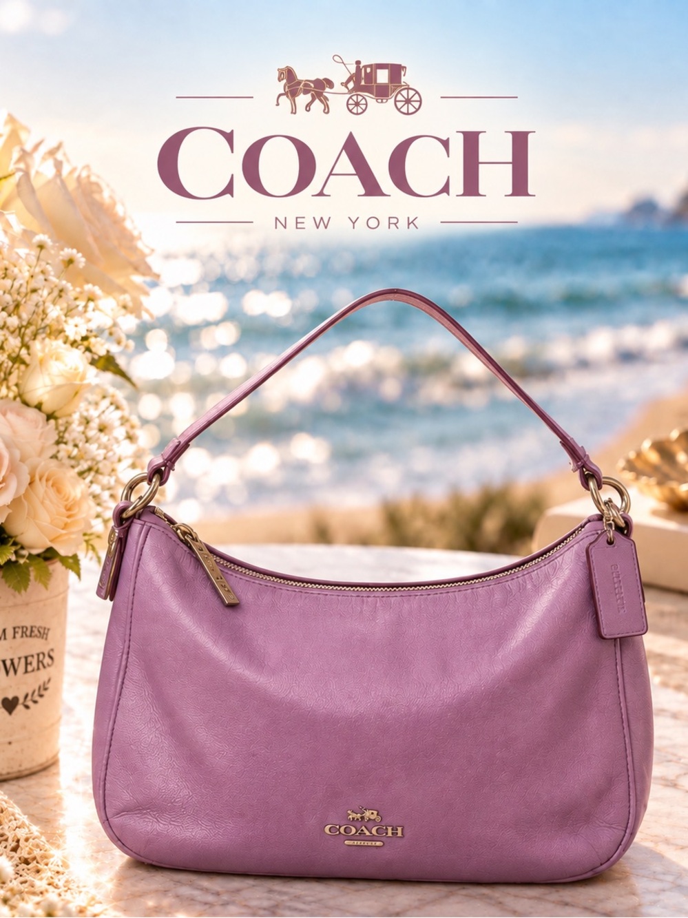Coach Lavender Leather Shoulder Hobo Bag